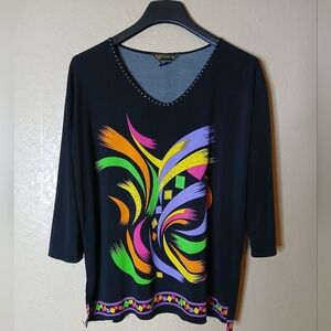 VALENTINA Women’s Black Colorful V Neck 3/4 Sleeve Blouse Top Size 1X